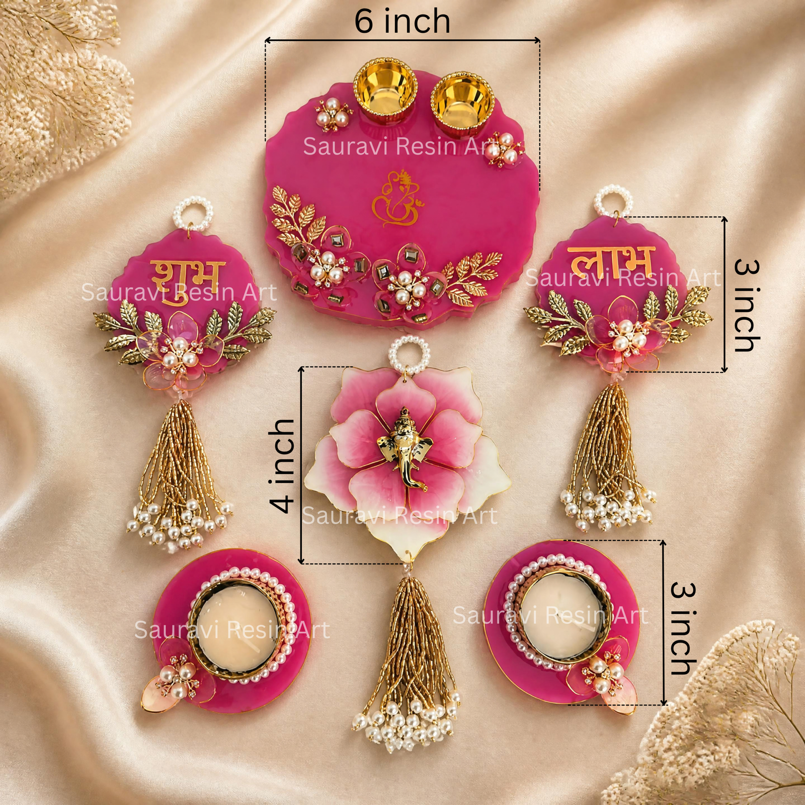 Handcrafted Resin Puja Thali Set with Shubh Labh, Diya & Ganesha Wall Hanging – Indian Festive & Home Decor Gift Set
